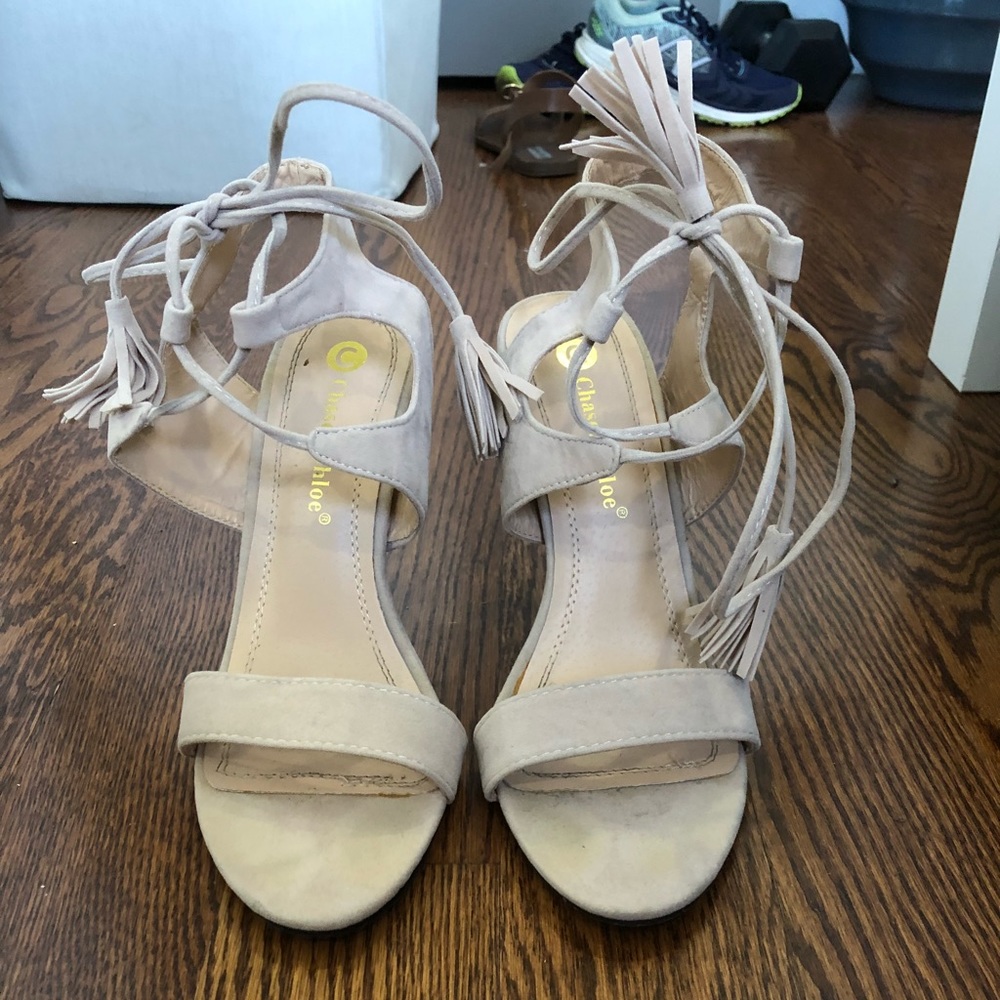 Cute beige strappy tie heels